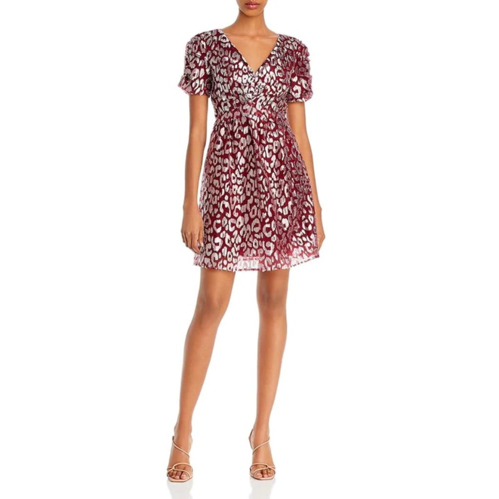 (NWT)  Cheetah Metallic Foil Print Puff Sleeve Party Dress L 12/14